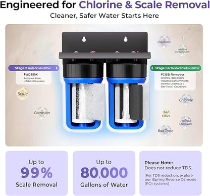 iSpring Anti-Scale Whole House Water Filter System, Reduces up to 99% Chlorine, Odor, and Sediments, 2-Stage Water Descaler and Whole House Water Filter, 1" Inlet/Outlet, Model: WGB21B-DS