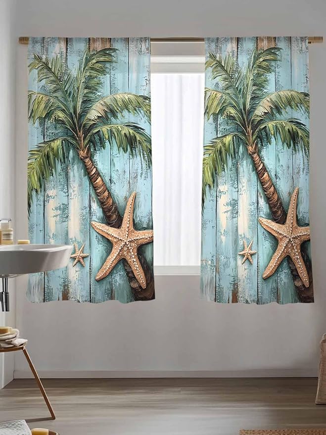 Sheer Curtains 63 Inch Length, Coastal Blue Green Tree Semi Sheer Curtains Light Filtering Window Treatment, Beach Tropical Vintage Wood Grain Privacy Voile Drapes for Living Room Bedroom 52x63 Inch