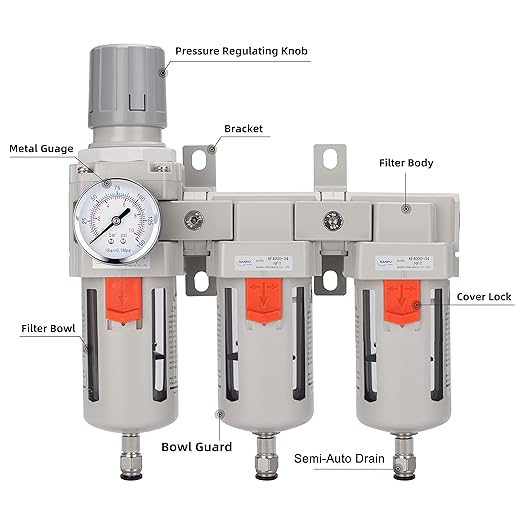 NANPU Three Stage Air Drying System - 5 Micron Particulate Filter, 0.5＆0.01 Micron Coalescing Filters, Air Pressure Regulator Combo - 0-150 psi Gauge, Semi-Auto Drain, Metal Bracket (1/2" NPT)