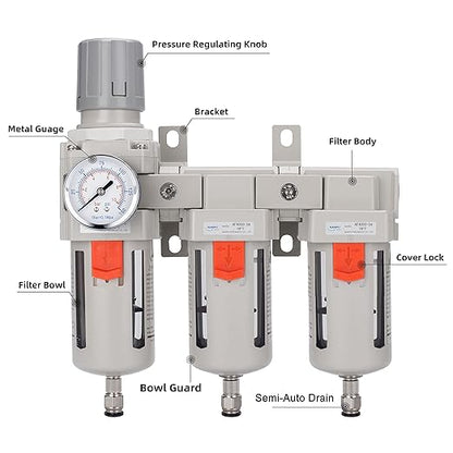 NANPU Three Stage Air Drying System - 5 Micron Particulate Filter, 0.5＆0.01 Micron Coalescing Filters, Air Pressure Regulator Combo - 0-150 psi Gauge, Semi-Auto Drain, Metal Bracket（3/8" NPT）