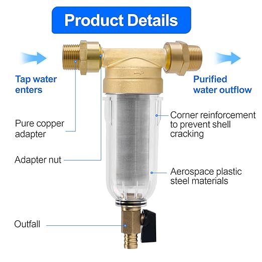 Whole House Spin Down Sediment Water Filter, 40 Micron, Reusable and Flushable Prefilter, 1" MNPT + 3/4" FNPT + 3/4" MNPT for City/Well Water, Lead-Free Brass, BPA-Free