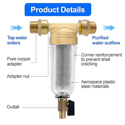 Whole House Spin Down Sediment Water Filter, 40 Micron, Reusable and Flushable Prefilter, 1" MNPT + 3/4" FNPT + 3/4" MNPT for City/Well Water, Lead-Free Brass, BPA-Free