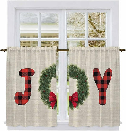 Red Green Christmas Kitchen Tier Curtains 45 Inch Long 2 Panel Set,Rod Pocket Short Window Treatment,Farmhouse Xmas Botanical Winter Curtains & Drapes for Bathroom Basement 27.5"W x 45"L