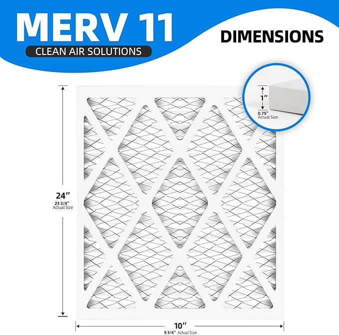(6 Pack) 10x24x1 Air Filter, MPR 1200 & FPR 7, MERV 11 Pleated Air Filter (Actual Size: 9.75"x23.75"x0.75")