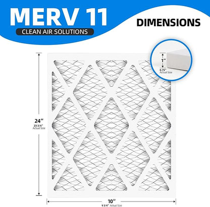 (6 Pack) 10x24x1 Air Filter, MPR 1200 & FPR 7, MERV 11 Pleated Air Filter (Actual Size: 9.75"x23.75"x0.75")