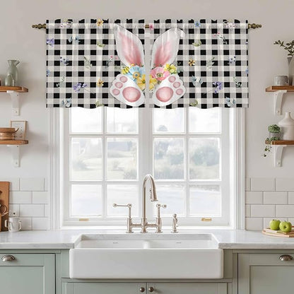 Easter Kitchen Tier Curtains 36 Inch Long 2 Panel Set,Rod Pocket Half Window Curtains Over Sink,Spring Rabbits Ears Feet Wildflowers Black Plaid Light Filtering Short Drapes Cafe 27.5"W x 36"L