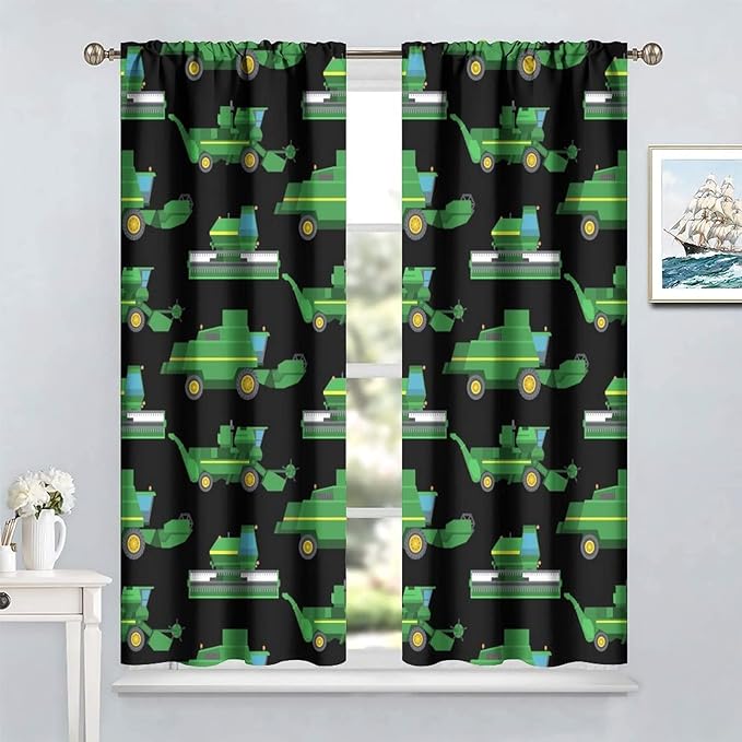 Kids Agriculture Machine Window Curtains, Farm Equipment Tractors Transport Combines Rod Pocket Decorative Windows Curtain for Boys Children Teens Room Decor 63x63in (30% Blackout)