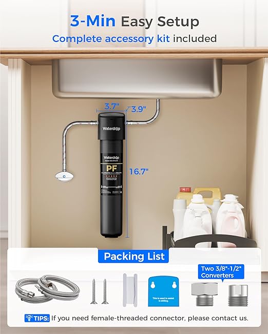 Waterdrop 15UA-PF Under Sink Water Filter, Reduce 80+ Impurities Including 𝟗𝟗.𝟗% 𝐏𝐅𝐎𝐀, 𝟗𝟗.𝟖% 𝐏𝐅𝐎𝐒, 96% Chloramine, Fluoride, VOCs, Chloroform (Replacement Filter: WD-RF15-PF)