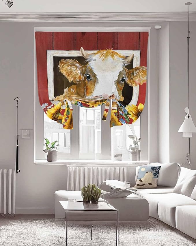 Tie Up Curtains for Windows, Cows Sunflowers Adjustable Balloon Nature Linen Textured Kitchen Curtain, Spring Floral Bees Farmhouse Barn Room Darkening Curtains for Glass Door, 42 x 45 in