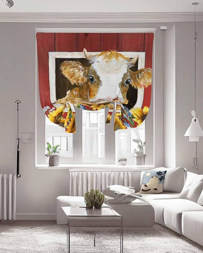 Tie Up Curtains for Windows, Cows Sunflowers Adjustable Balloon Nature Linen Textured Kitchen Curtain, Spring Floral Bees Farmhouse Barn Room Darkening Curtains for Glass Door, 42 x 45 in