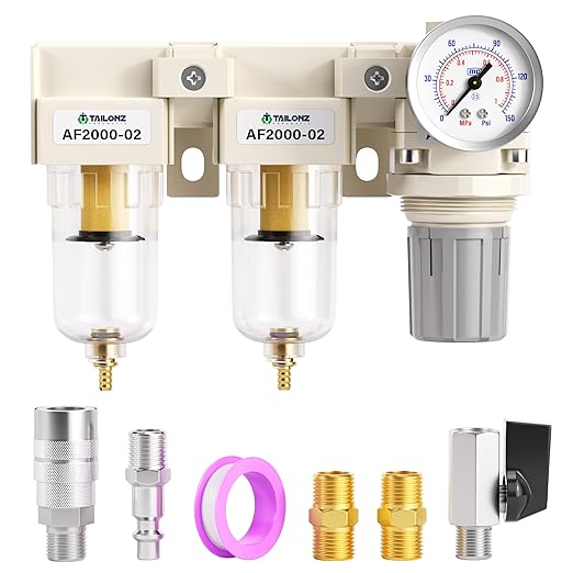TAILONZ PNEUMATIC 1/4 Inch NPT 3 in 1 Air Filter Pressure Regulator Combo Piggyback, Air Tool Compressor Filter with Gauge AF2000+AF2000+AR2000