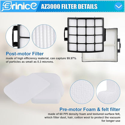 AZ3002 Filter Replacement Part for Shark Stratos DuoClean PowerFins HairPro Upright Vacuum AZ3000 AZ3000C AZ3000W AZ3002C, 1 Brushroll 2 Filters 4 Foam & felt Filter 4 odor neutralizer 2 Belts