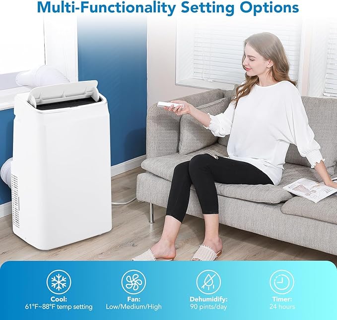 Portable Air Conditioner 14000 BTUs with Cooling, Dehumidifier, Fan 3-in-1 Room AC unit, 3 Air Speeds, 24-Hour Timer, Sleep Mode - Cools up to 750 Sq. Ft. - Ideal for Home, Garage, Office
