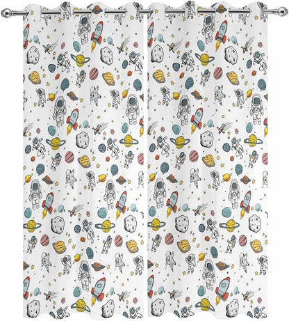 Cartoon Space Outdoor Curtains for Patio Astronauts Spacecraft Rockets Waterproof Outside Curtains with Grommet Top Weatherproof Curtain for Cabana Pergola Gazebo, 2 Pack, 54" W x 108" L