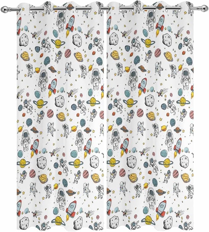 Cartoon Space Outdoor Curtains for Patio Astronauts Spacecraft Rockets Waterproof Outside Curtains with Grommet Top Weatherproof Curtain for Cabana Pergola Gazebo, 2 Pack, 54" W x 95" L