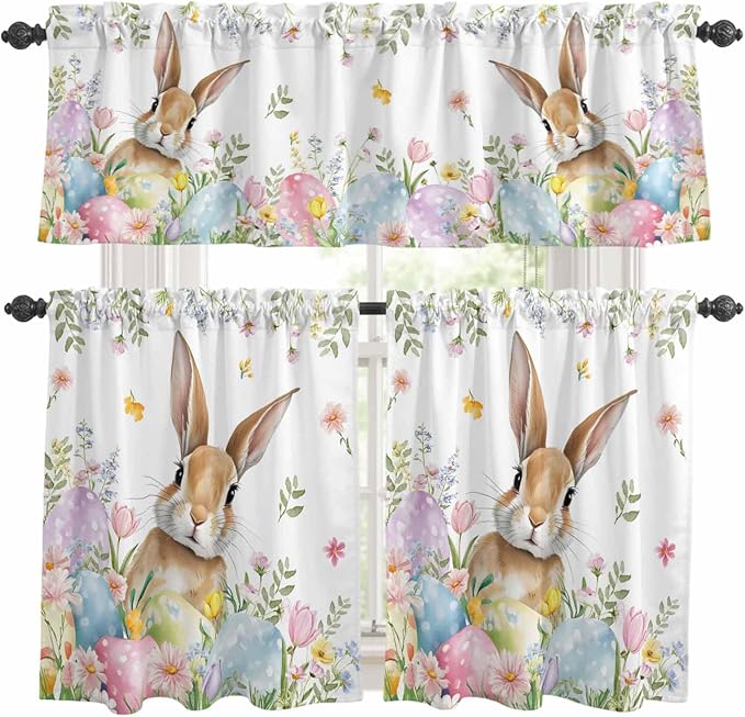 Kitchen Curtains Tiers and Valance Set of 3, Easter Light Filtering Window Curtain Set, Spring Rabbit Colorful Eggs Budding Florals Leaf Rod Pocket Curtain Drapes for Living Room, 24 Inches Tiers