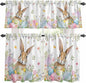 Kitchen Curtains Tiers and Valance Set of 3, Easter Light Filtering Window Curtain Set, Spring Rabbit Colorful Eggs Budding Florals Leaf Rod Pocket Curtain Drapes for Living Room, 24 Inches Tiers