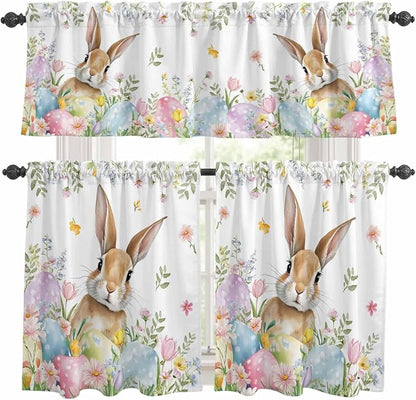 Kitchen Curtains Tiers and Valance Set of 3, Easter Light Filtering Window Curtain Set, Spring Rabbit Colorful Eggs Budding Florals Leaf Rod Pocket Curtain Drapes for Living Room, 36 Inches Tiers