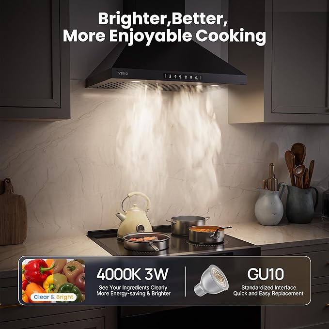 Wall Mount 36 Inch Range Hood 900 CFM, Ductless/Ducted Convertible, 3-speed Gesture Sensing & Touch Control, Black Painted Stainless Steel Vent Kitchen Hood with Permanent Baffle Filters