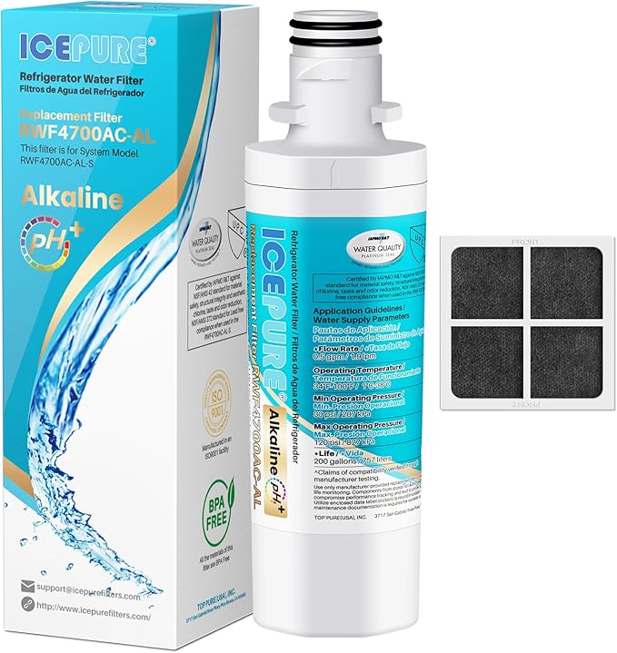 ICEPURE Alkaline LT1000PC Refrigerator Water Filter and Air Filter Replacement for LG LT1000P/PC/PCS, Kenmore 9980, ADQ74793501 ADQ74793502 ADQ747935 MDJ64844601 LMXS28626S LT1000, Enhances PH, 1Combo