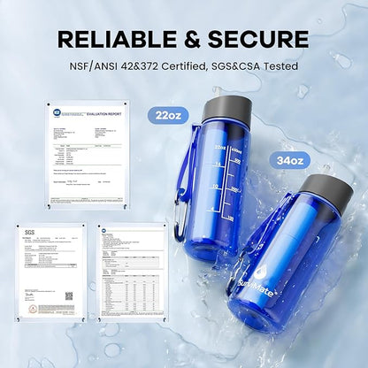 Survimate 5-Stage 0.01μm Ultra-Filtration Filtered Water Bottle, BPA-Free Material, NSF/ANSI 42&372 Certified, Portable Water Filter Bottle for Survival, Camping, Hiking, and Emergency Use