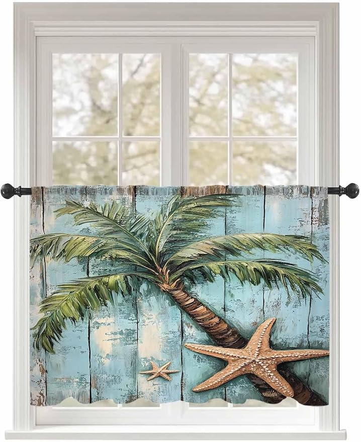 Sheer Curtains 54 Inch Length, Coastal Blue Green Tree Semi Sheer Curtains Light Filtering Window Treatment, Beach Tropical Vintage Wood Grain Privacy Voile Drapes for Living Room Bedroom 52x54 Inch