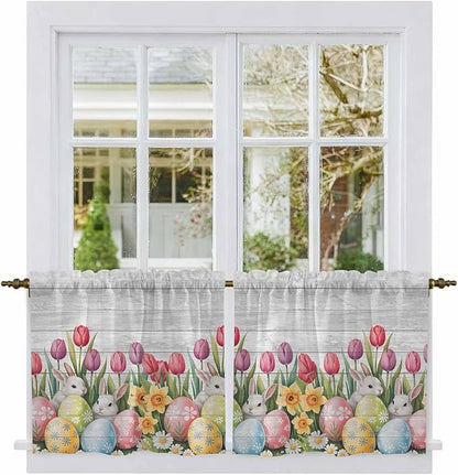 Easter Kitchen Tier Curtains 36 Inch Long 2 Panel Set,Rod Pocket Half Window Curtains Over Sink,Retro Spring Bunny Eggs Tulip Farm Wooden Grain Light Filtering Short Drapes Cafe 27.5"W x 36"L