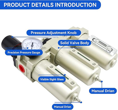 1/2" NPT Industrial Grade 3 Stage Air-Dryer-for-Compressor, Manual Drain Air-Compressor-Water-Separator-System Filter Oil for Plasma Cutter and Paint Spray,0-240 PSI,Double Filtration & Drying System