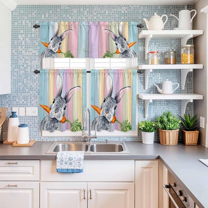 Easter Kitchen Curtain Set, Spring Grey Rabbit Carrots Colorful Wooden Plank Window Valance and Tiers 24" Length, Light Filtering Short Curtains Valance for Cafe Bathroom Bedroom 54"x18"