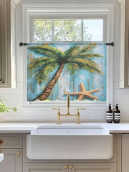 Sheer Curtains 45 Inch Length, Coastal Beach Tree Semi Sheer Curtains Light Filtering Window Treatment, Summer Tropical Starfish Wood Grain Privacy Voile Drapes for Living Room Bedroom 52x45 Inch