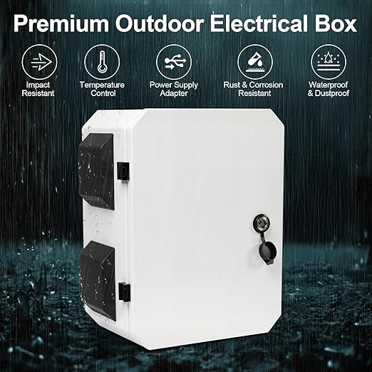 Outdoor Electrical Box with Key Lock, 12V Cooling Fan & Temperature Controller Included, Cold-Rolled Steel Plate Electrical Box, with M10 Aluminum Alloy Sliding Groove (11.81"x15.75"x7.87")