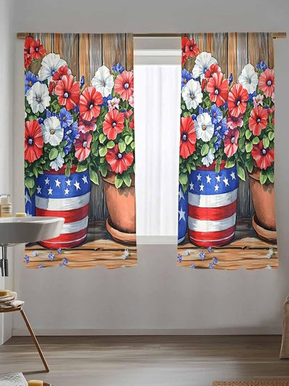 Sheer Curtains 63 Inch Length, Red Blue Flower Semi Sheer Curtains Light Filtering Window Treatment, Retro Independence Day Flag Wood Grain Privacy Voile Drapes for Living Room Bedroom 52x63 Inch
