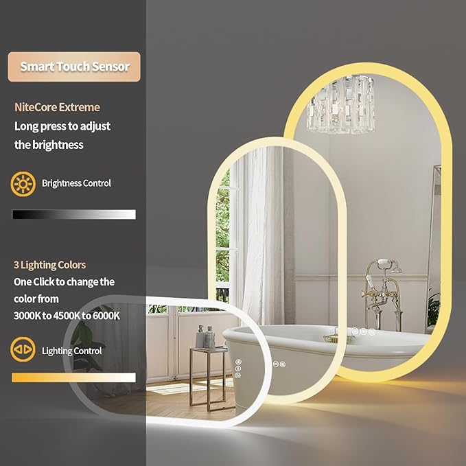 LUVODI Smart LED Bathroom Mirror: 35”x24” Large Wall Mounted Oval Vanity Mirror Dimmable Lighted Makeup Mirror with Backlit Memory Function