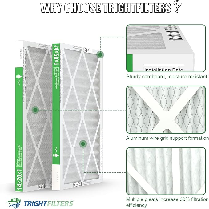 14x20x1 Air Filter 4 Pack, Durable MERV 8 Pleated Home HVAC AC Furnace Filters, Lightweight Compact Air Conditioner Filter Replacement