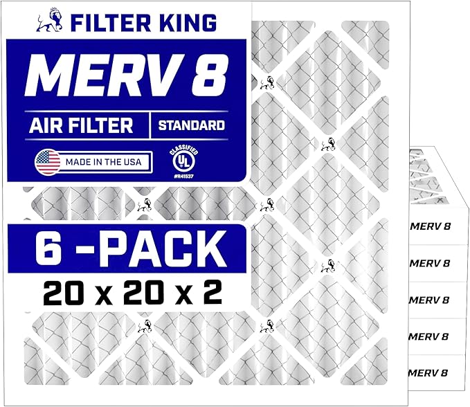 Filter King 20x20x2 Air Filter | 6-PACK | MERV 8 HVAC Pleated A/C Furnace Filters | MADE IN USA | Actual Size: 19.5 x 19.5 x 1.75"