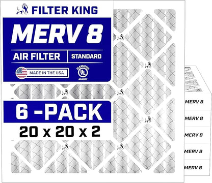 Filter King 20x20x2 Air Filter | 6-PACK | MERV 8 HVAC Pleated A/C Furnace Filters | MADE IN USA | Actual Size: 19.5 x 19.5 x 1.75"
