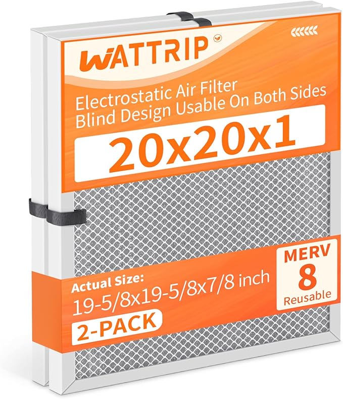 2-Pack 20x20x1 MERV 8 Reusable & Washable Electrostatic Air Filters - Long-Lasting Filter for HVAC, Furnace & Air Conditioner Units, Actual Size: 19-5/8” x 19-5/8” x 7/8”