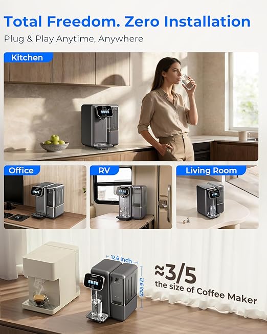 Cold Water Reverse Osmosis Water Filter Countertop, Remineralization & pH Balance UV 6 Stage RO Filtration System, Portable Water Purifier, 3:1 Pure to Drain, No Installation, C100