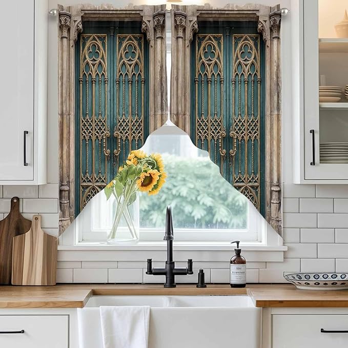 Turquoise Vintage Door Swag Valances for Windows, Countryside Barn Abstract Art Rod Pocket Kitchen Curtains Valance, Kitchen Window Curtains Swag for Cafe Bathroom Living Room, 2 Panels, 36x45 inch