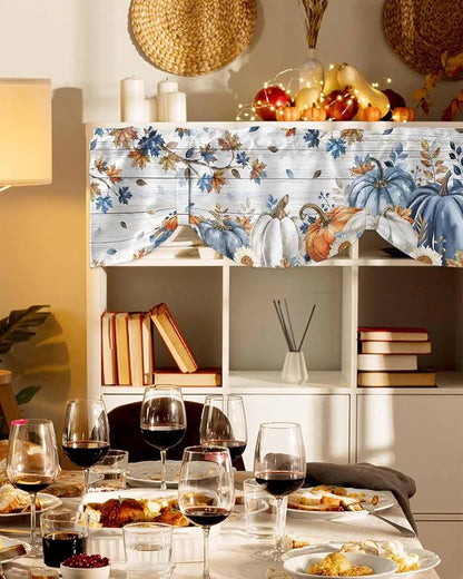 Thanksgiving Pumpkin Tie Up Valance Curtains for Windows, Kitchen Curtains Window Shades, Fall Maple Leaf Daisy Wooden Grain Light Filter Roman Curtain Valances for Bedroom/Bathroom/Cafe 60'' x 18''