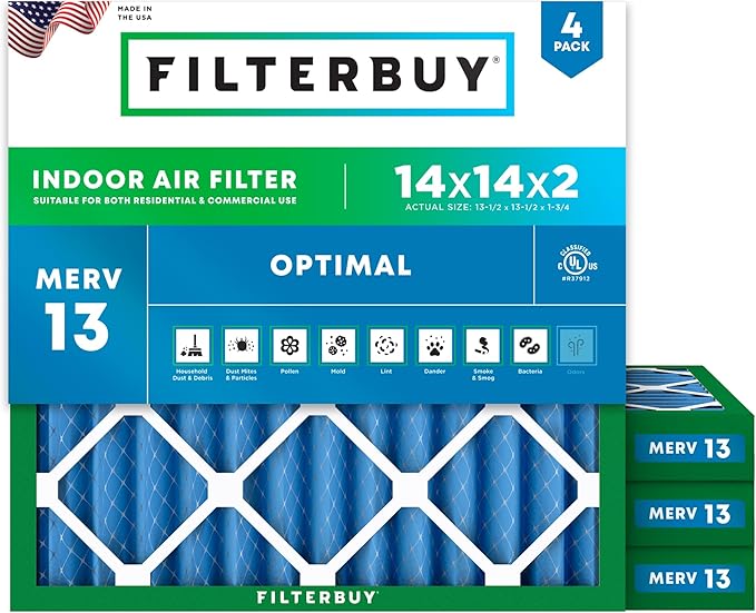 Filterbuy 14x14x2 Air Filter MERV 13 Optimal Smoke & Allergy Defense (4-Pack), Electrostatic Pleated HVAC AC Furnace Filters Replacement, Made in USA (Actual Size: 13.50 x 13.50 x 1.75)
