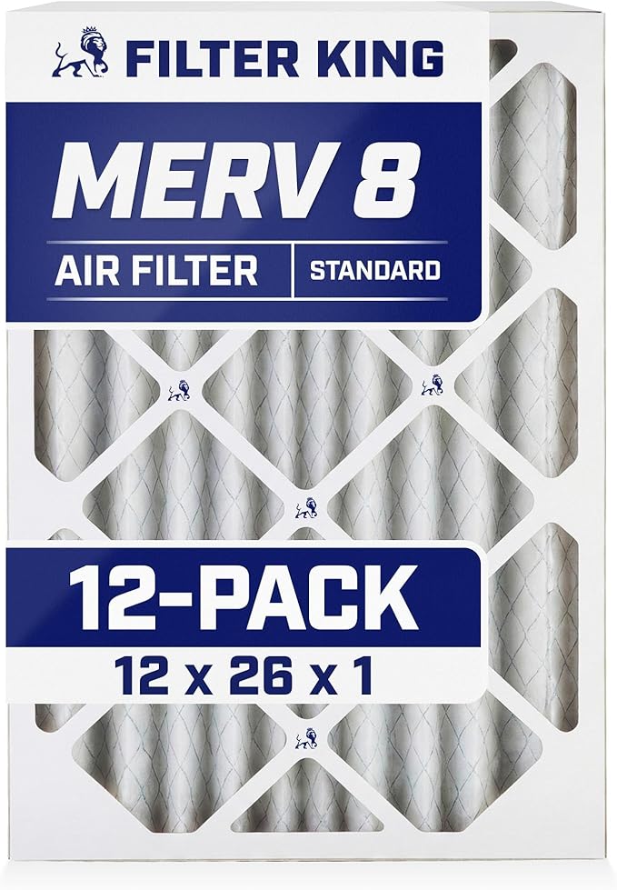 Filter King 12x26x1 Air Filter | 12-PACK | MERV 8 HVAC Pleated A/C Furnace Filters | MADE IN USA | Actual Size: 11.5 x 25.5 x .75"