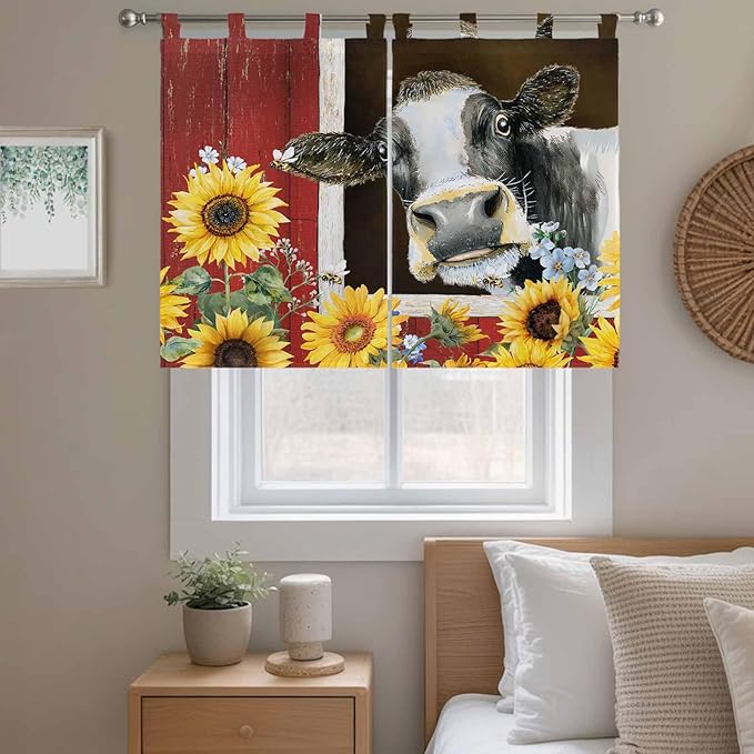 Cows Sunflowers Kitchen Curtains 45 Inch Length, Short Cafe Window Curtains Tab Top, Rustic Farms Barns Flowers Bees Animals Light Filtering Window Treatments Tier Drapes 27.5"x45" 2 Panel