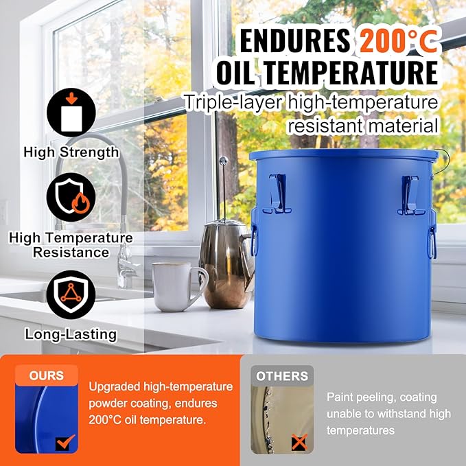 VEVOR Fryer Grease Bucket, 10 Gal Oil Disposal Caddy Carbon Steel Fryer Oil Bucket with Rust-Proof Coating, Oil Transport Container with Lid, Lock Clips, Filter Bag for Hot Cooking Oil Filtering