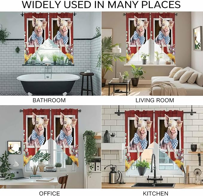 Pig Sunflowers Swag Valances for Windows, Eucalyptus Leaves Floral Bees Red Barn Rod Pocket Kitchen Curtains Valance, Small Window Curtains Swag for Cafe Bathroom Living Room, 2 Panels, 36x36 inch