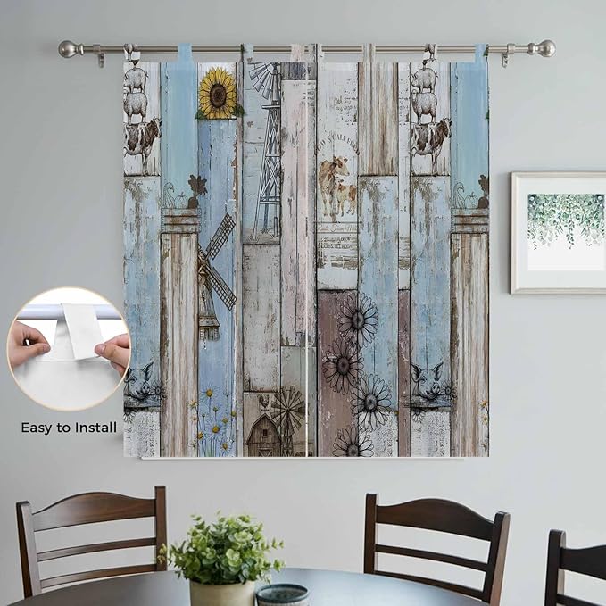 Blue Grey Wooden Living Room Curtains 84 Inch Length, Window Curtains Tab Top, Farmhouse Barn Sunflowers Retro Light Filtering Window Treatments Drapes 42"x84" 2 Panel