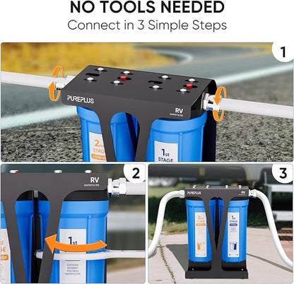PUREPLUS RV Dual Stage Water Filter System with Grooved Sediment and KDF/Carbon Cartridges, Stainless Steel 3/4" Fittings, Reduces Sediment, Heavy Metals, Chlorine, Odors and More
