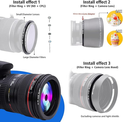 62mm Lens to 58mm Camera Lens Adapter,62mm to 58mm Filter Step up Ring Adapter Ring,Compatible All 58mm Filter Accessory