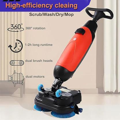 Floor Polisher Commercial, Dual-Brush Rotary Floor Scrubber, Lightweight Electric Floor Cleaner, 360° Rotating Head, Wet Dry Floor Cleaner for Offices & Schools Red