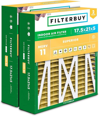Filterbuy 17.5x21x5 Air Filter MERV 11 Superior Pet & Allergy Defense (2-Pack), Electrostatic Pleated HVAC AC Furnace Filters for Rheem, Ruud, and Protech (Actual Size: 17.13 x 20.63 x 4.38)